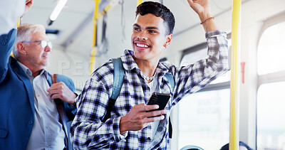 Buy stock photo Happy man, student and bus with phone for public transport, travel app or local commute in city. Male person, smile and tourism with mobile smartphone in vehicle for road trip, journey or destination