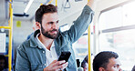 Happy man, thinking and bus with phone for travel app, local commute or destination in city. Male person, tourist or traveler with smile on mobile smartphone in vehicle for public transport service