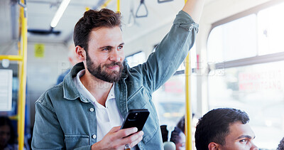 Buy stock photo Happy man, thinking and bus with phone for travel app, local commute or destination in city. Male person, tourist or traveler with smile on mobile smartphone in vehicle for public transport service