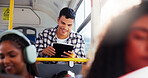 Travel, smile and man with tablet, bus and watching movies on app, public transport and entertainment. Relax, traveller and person with tech for film, happy and commuting to university in vehicle