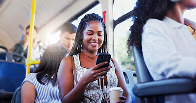 Buy stock photo Happy, woman and travel on bus with phone for social media scroll, morning commute and streaming service. Passenger, girl and coffee with smartphone on public transport for journey, trip or ride chat