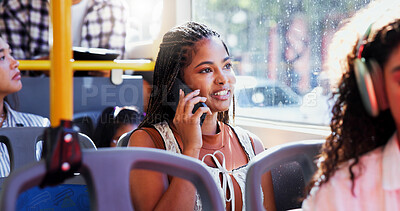 Buy stock photo Phone call, travel and woman with smile, bus and journey to college in morning, student and conversation. Commuting, traveller and person with mobile for communication, university and happy for chat