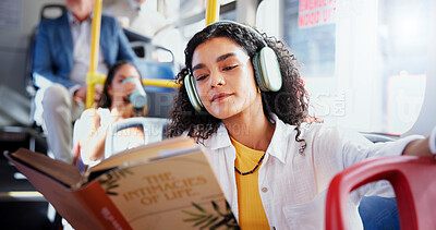 Buy stock photo Headphones, reading and woman with book on bus for travel with entertainment on journey. Relax, audio tech and female person on public transport listening to podcast with story, literature or novel.
