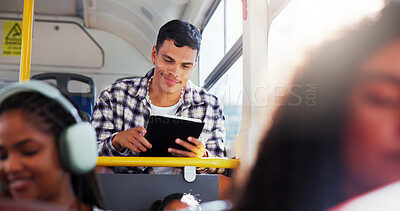 Buy stock photo Tablet, travel and man on bus reading online textbook for studying for university exam, test or assignment. Digital technology, commute and male student on college app on public transportation.