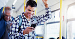 Happy man, student and bus with phone for social media, public transport or travel app in city. Male person, smile and local commute with mobile smartphone in vehicle for road trip, chat or texting
