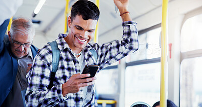 Buy stock photo Happy man, student and bus with phone for social media, public transport or travel app in city. Male person, smile and local commute with mobile smartphone in vehicle for road trip, chat or texting