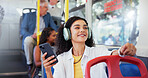 Headphones, cellphone and woman on bus for travel with communication, contact or network for university. Happy, audio tech and person on public transport with music for college acceptance email.