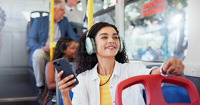 Buy stock photo Headphones, cellphone and woman on bus for travel with communication, contact or network for university. Happy, audio tech and person on public transport with music for college acceptance email.