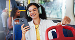 Headphones, smartphone and woman on bus for travel with communication or contact for university. Happy, audio tech and person on public transport listening to music with college acceptance email.