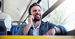Happy man, travel and bus with phone call for chat, discussion or connection in public transport. Male person, traveler or tourist with smile on mobile smartphone for friendly conversation or ride