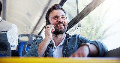 Buy stock photo Man, travel and bus with phone call for chat, discussion or connection in public transport. Happy person, traveler or tourist with smile on mobile smartphone for friendly conversation or ride