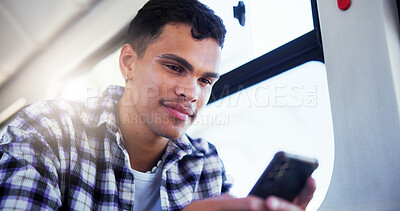 Buy stock photo Phone, smile and man on bus for travel with texting online, social media or mobile app. Communication, cellphone and male passenger on public transportation for commuting, trip or journey with chat.