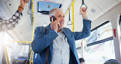 Buy stock photo Mature businessman, bus and travel with phone call for local commute, conversation or chat in city. Man, tourist or traveler with smile on mobile smartphone in vehicle for public transport service