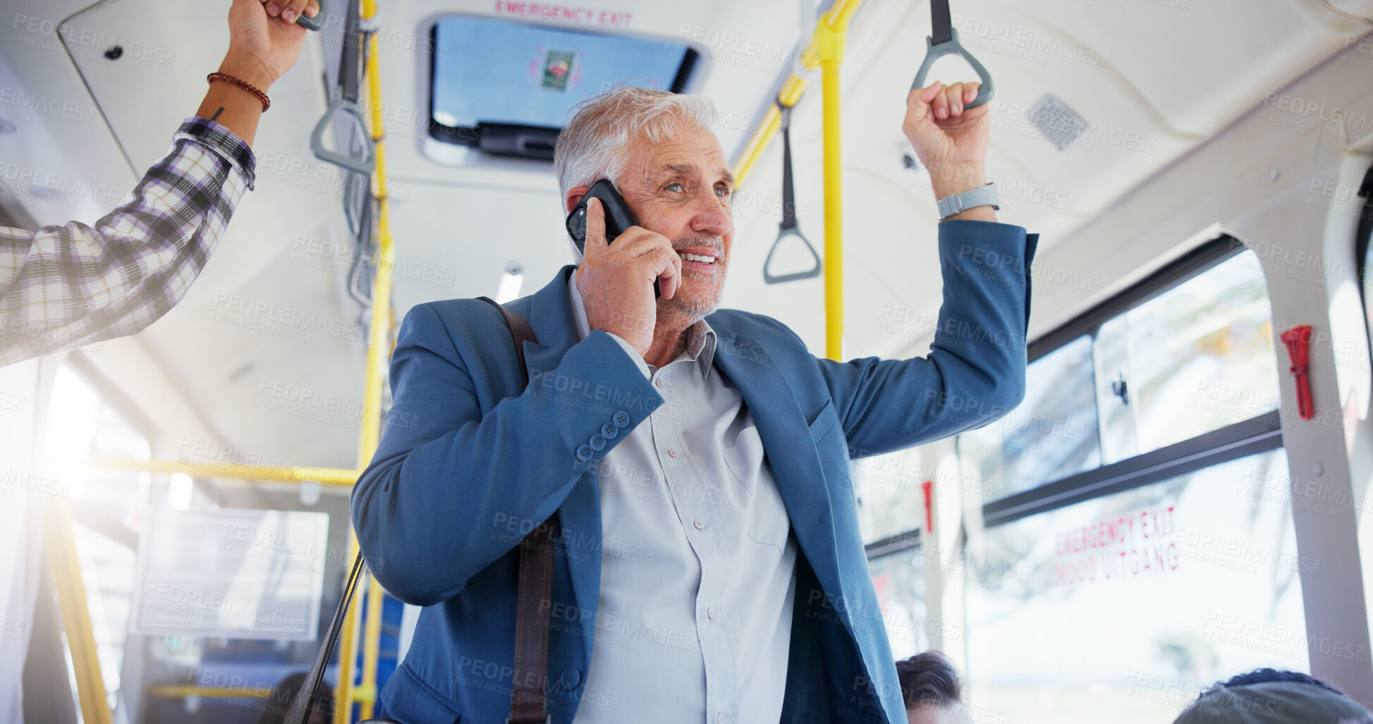 Buy stock photo Mature businessman, bus and travel with phone call for local commute, conversation or chat in city. Man, tourist or traveler with smile on mobile smartphone in vehicle for public transport service