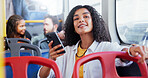 Phone, smile and thinking with businesswoman on bus for public transportation to work destination. App, idea and window with happy passenger person on vehicle for commute, drive or travel to job