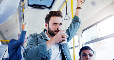 Buy stock photo Coffee, commute and thinking with businessman on bus for public transportation to work destination. Idea, drink and waiting with passenger person on vehicle for morning drive or travel to job