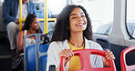 City, woman and happy with travel on bus for morning commute, weekend adventure and urban sightseeing. Smile, passenger and navigation on public transport for ride location, destination and trip