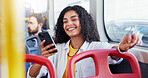 Happy, girl and travel on bus with phone for social media scroll, morning commute and reading online news. Passenger, woman and smile with smartphone on public transport for streaming service or ride