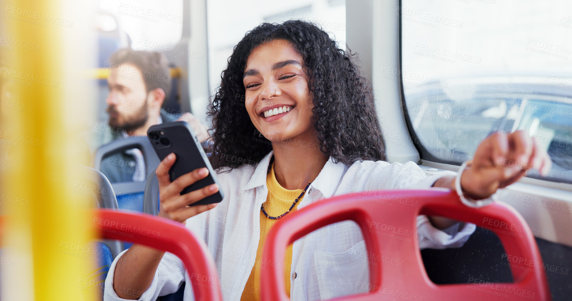 Buy stock photo Happy, girl and travel on bus with phone for social media scroll, morning commute and reading online news. Passenger, woman and smile with smartphone on public transport for streaming service or ride