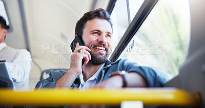 Buy stock photo Happy man, travel and bus with phone call for conversation, discussion or chat in public transport. Male person, traveler or tourist with smile on mobile smartphone for connection, ride or network