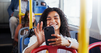 Buy stock photo Girl, smile and travel on bus with phone for morning commute, reading social media post or streaming service. Passenger, person or smartphone on public transport for ride journey or online directions