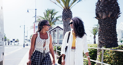 Buy stock photo Walking, friends and women in street, conversation and bonding together with laughing. Happy people, outdoor and travelling for shopping trip, reunion and funny with joke, urban journey and humor