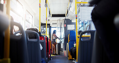 Buy stock photo Bus, woman and travel with payment, people and morning commute with urban journey. Passengers, public transportations and transactions with app purchase, enter and virtual ticket with weekend trip