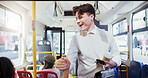Happy man, bus and meeting with greeting for travel, trip or destination in an urban town. Male person, tourist or traveler with smile or joy for social or friend in vehicle, public transport or city