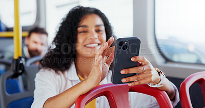 Buy stock photo Hands, woman and travel on bus with phone for transport schedule, morning commute or location directions. Passenger, girl or happy with smartphone on public service for journey or social media scroll