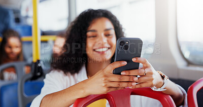 Buy stock photo Hands, girl and travel on bus with phone for social media scroll, morning commute or route navigation. Passenger, woman and smile with smartphone on public transport for trip directions or online map