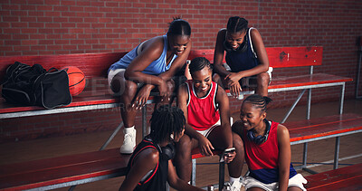 Buy stock photo Sports, athlete and group with mobile, happy and watching game on social media, streaming and break. Basketball player, team and black women with smartphone for videos, laughing and browsing on web