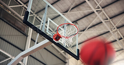 Buy stock photo Basketball, net and aim for game, court and points for competition, sports and motion for achievement. Low angle, action and win for match, hoop and successful target in university, stadium or event