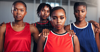 Buy stock photo Women, portrait and basketball team with confidence for game, match or sports competition on court. Group, female people or serious players with determination for professional challenge on playground