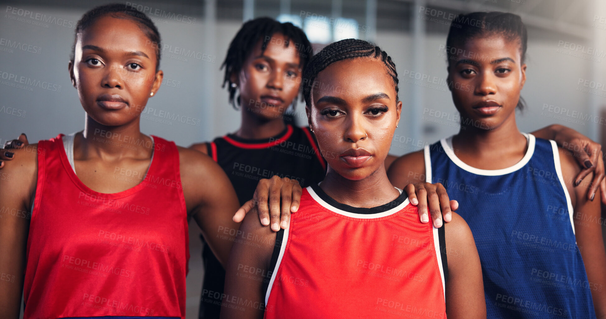 Buy stock photo Women, portrait and basketball team with confidence for game, match or sports competition on court. Group, female people or serious players with determination for professional challenge on playground