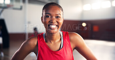 Buy stock photo Portrait, smile and black woman at basketball court for sports, workout or practice for training. Player, happy athlete and female person in gym for fitness, competition and wellness with confidence