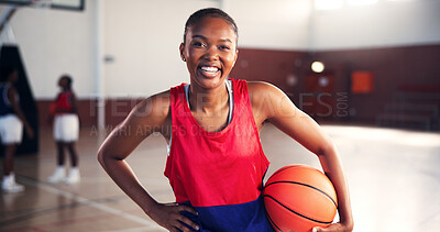 Buy stock photo Woman, basketball court and happy in portrait at gym for sports, confident and ready with training for competition. Girl, start and smile with pride for contest, workout and exercise at fitness club