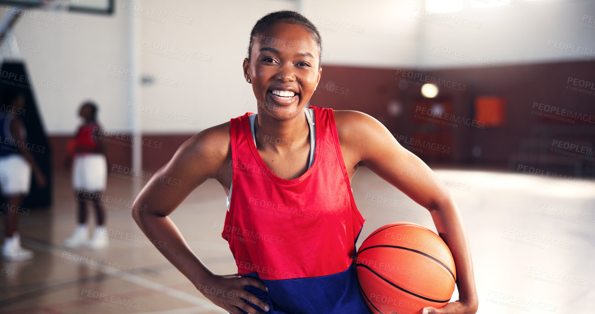 Buy stock photo Woman, basketball court and happy in portrait at gym for sports, confident and ready with training for competition. Girl, start and smile with pride for contest, workout and exercise at fitness club