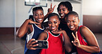 Women, basketball and team with selfie or peace sign for photography, picture or memory together. Happy group, female people or players with smile or emoji in joy for capture moment or social media