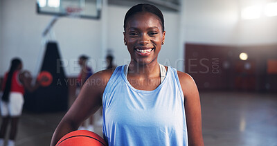 Buy stock photo Portrait, smile or black woman with basketball for sports, fitness and confidence at gym. Girl, happy or African player in practice with hobby or pride for contest, workout challenge and exercise