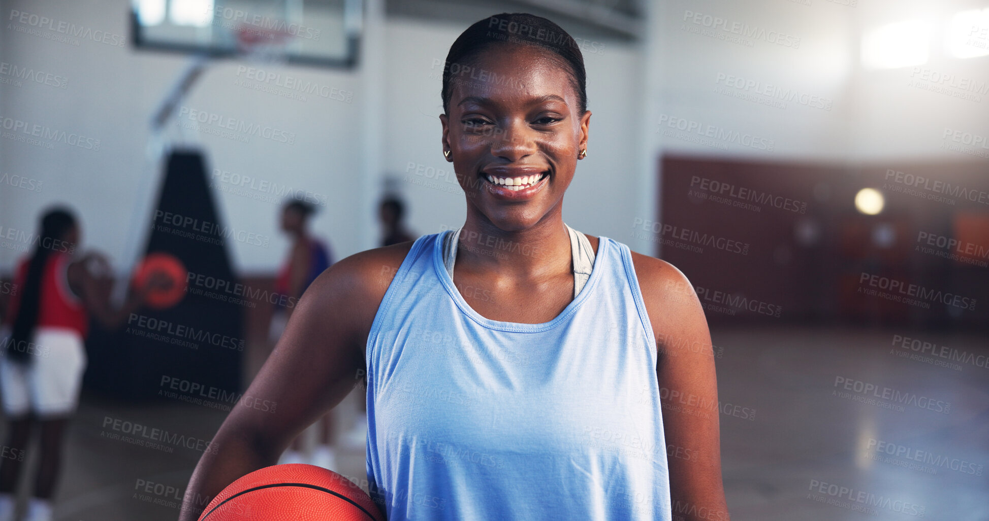 Buy stock photo Portrait, smile or black woman with basketball for sports, fitness and confidence at gym. Girl, happy or African player in practice with hobby or pride for contest, workout challenge and exercise