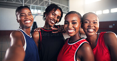 Buy stock photo Happy women, basketball and team with selfie or peace sign for photography, picture or memory together. Group, female people or players with smile or emoji in joy for capture moment or social media
