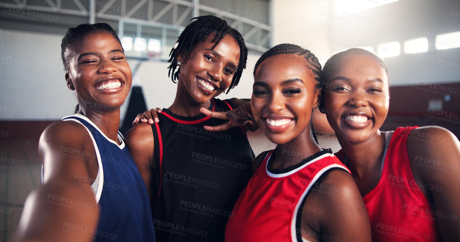 Buy stock photo Happy women, basketball and team with selfie or peace sign for photography, picture or memory together. Group, female people or players with smile or emoji in joy for capture moment or social media