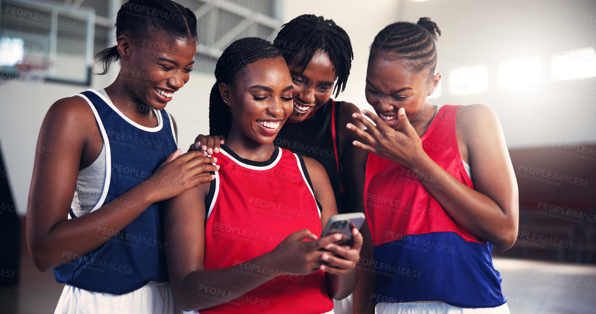 Buy stock photo Team, sports and girls with mobile, fitness and watching game on social media, laughing or browsing. Basketball, player and black people with smartphone for videos, break or website for entertainment