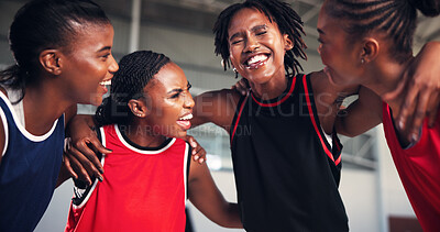 Buy stock photo Happy women, basketball and team with huddle for game plan, motivation or collaboration on court. Group, meeting or female people with hug in unity for sports competition, challenge or match together