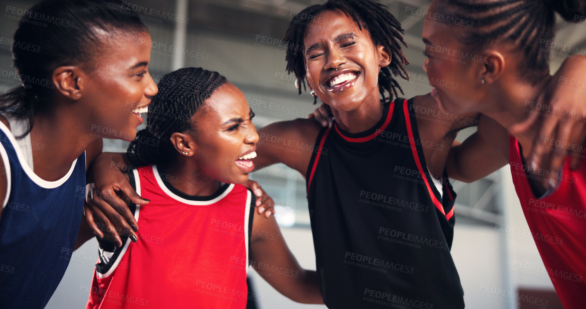 Buy stock photo Happy women, basketball and team with huddle for game plan, motivation or collaboration on court. Group, meeting or female people with hug in unity for sports competition, challenge or match together