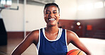 Basketball player, black woman and smile in portrait at gym for fitness, training and ready for competition. Girl, excited and happy with gear for contest, workout or exercise at sports club in Kenya