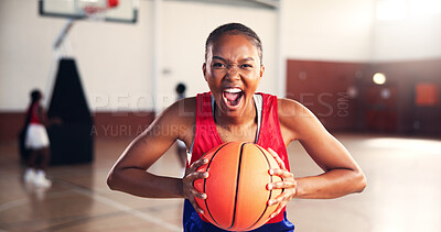 Buy stock photo Winning, scream and woman with basketball for celebration, achievement or competition. African player, shout and person with ball at court for fitness, sports and motivation for success in portrait