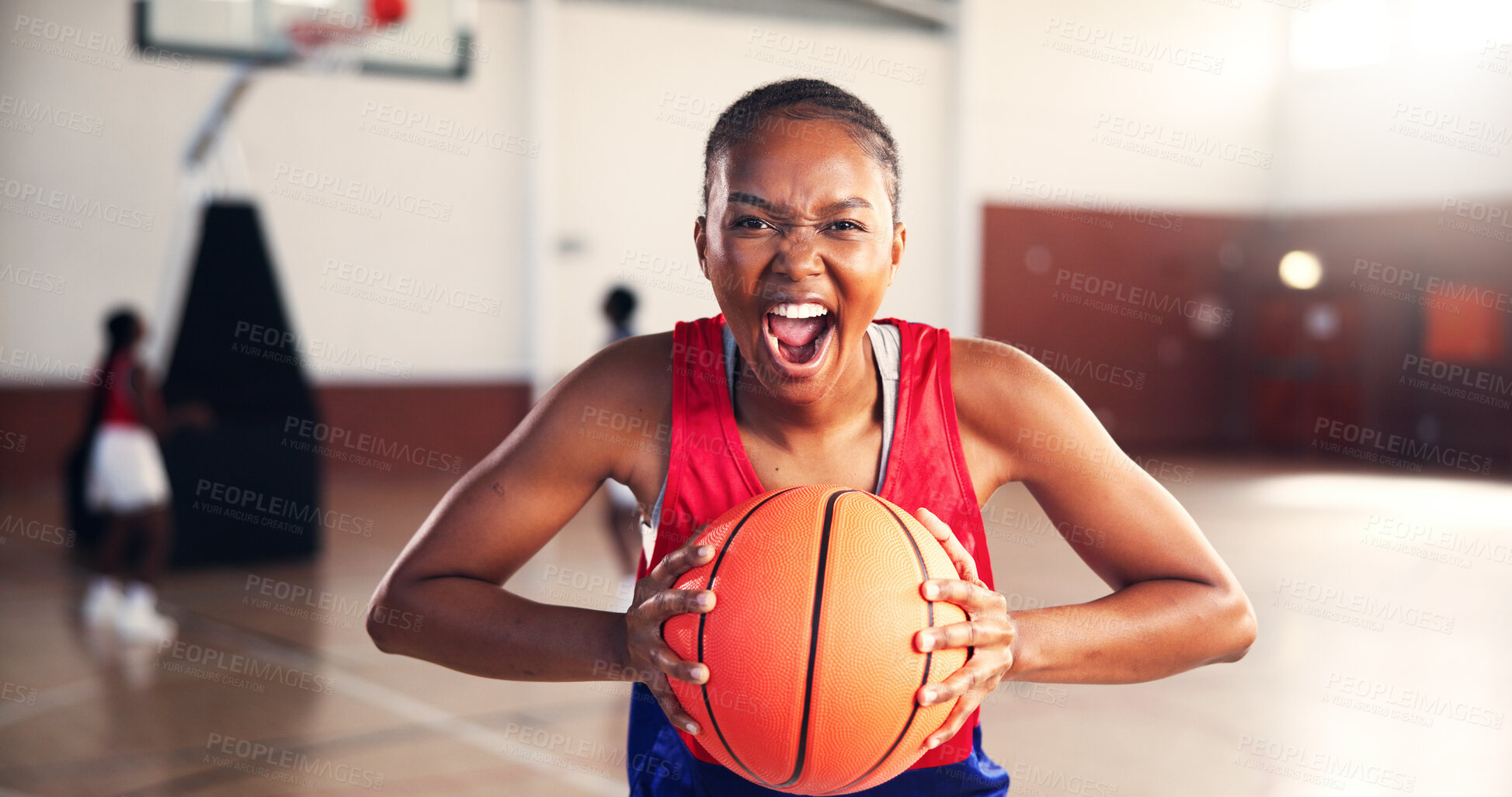 Buy stock photo Winning, scream and woman with basketball for celebration, achievement or competition. African player, shout and person with ball at court for fitness, sports and motivation for success in portrait