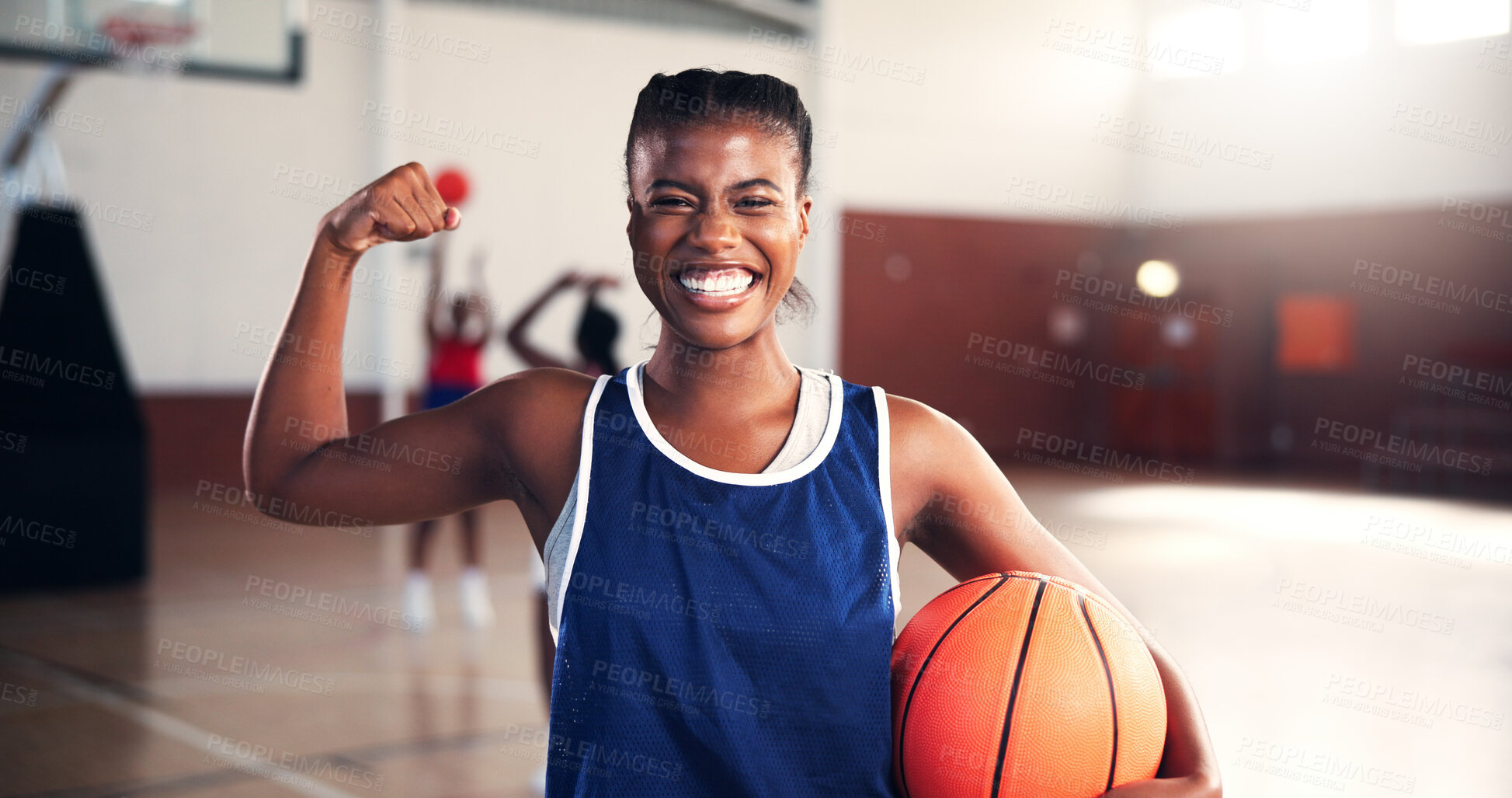Buy stock photo Basketball, athlete or woman flexing for sports, fitness, or confidence for portrait or competition. Girl, excited or strong African player with smile or pride for contest, workout ot exercise at gym