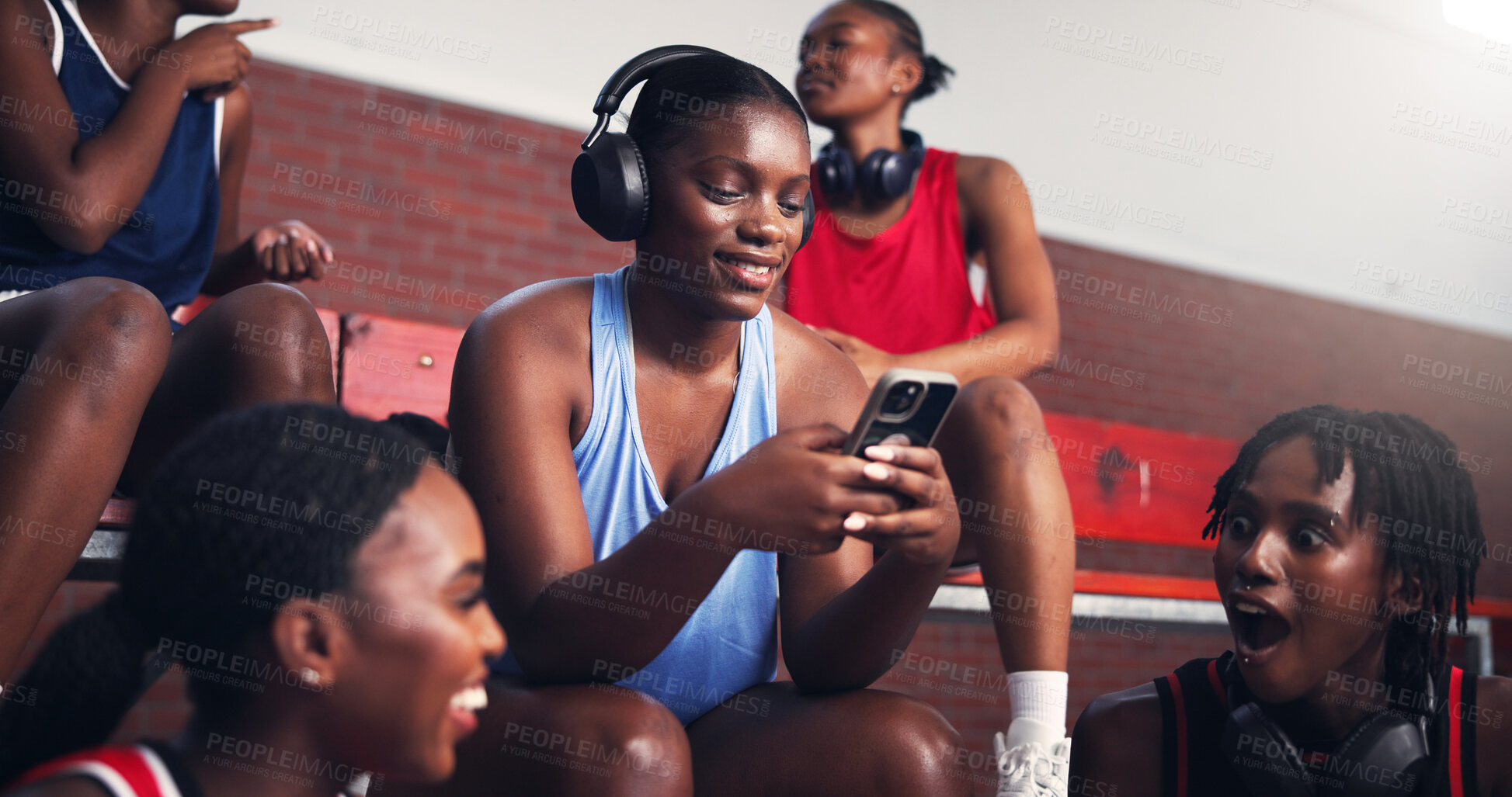 Buy stock photo Phone, typing and headphones with black woman on basketball court for sports results, athlete scouting and online. Score tracking, training program and subscription with person and game updates